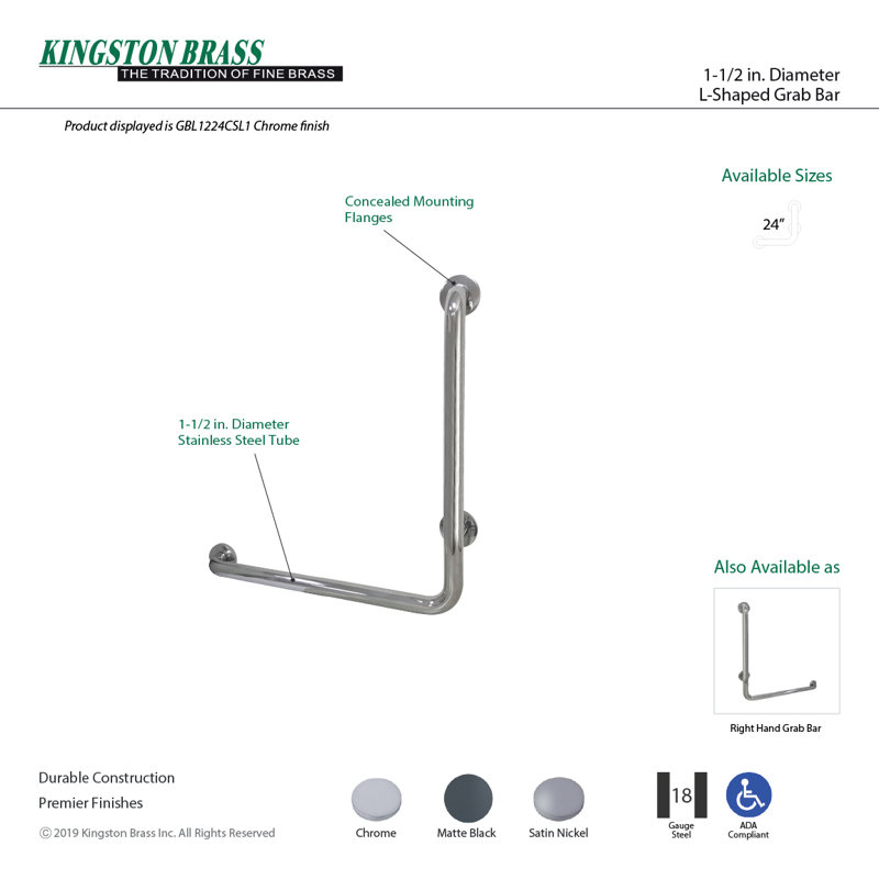 Kingston Brass Made To Match 24-Inch X 24-Inch L-Shaped Grab Bar, 1-1/2 Inch O.D, Left Hand, Matte Black