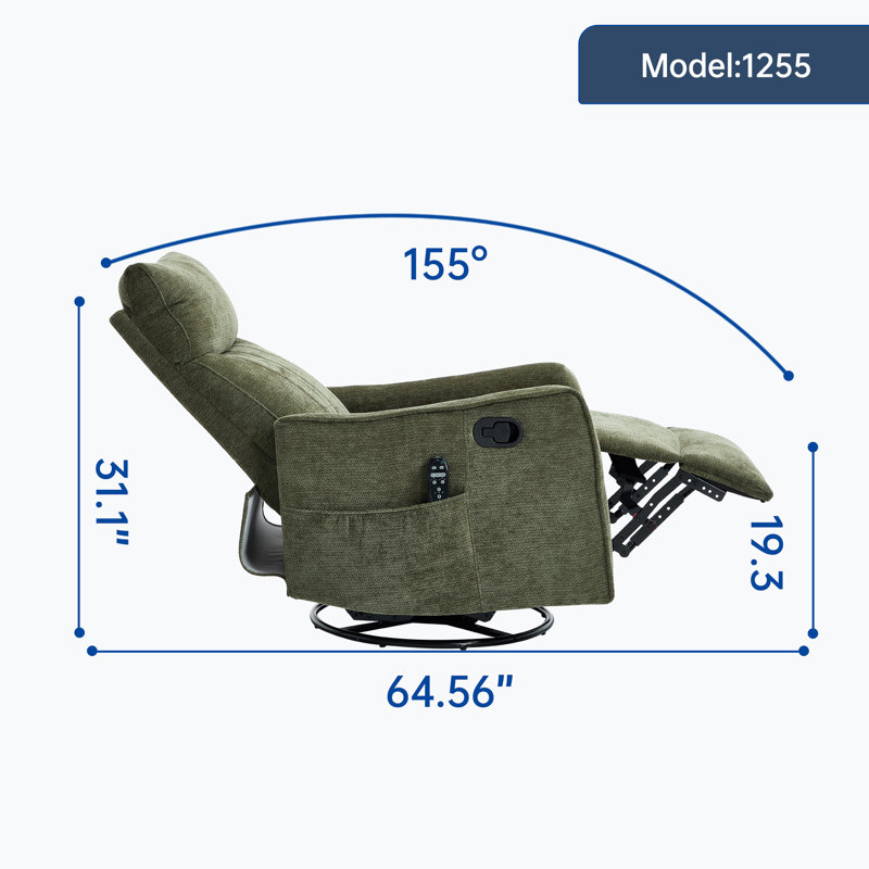 Heat Massage Manual Recliner Chair With Rocker And Swivel In Fabric For Living Room, Antique Green