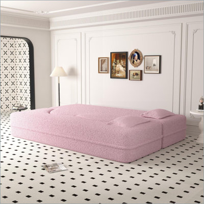 Sofas | Modern Pink Teddy Fabric Convertible Sleeper Sofa Bed with 2 Pillows, No Assembly for Living Room Guest Bed | Pink | Foam