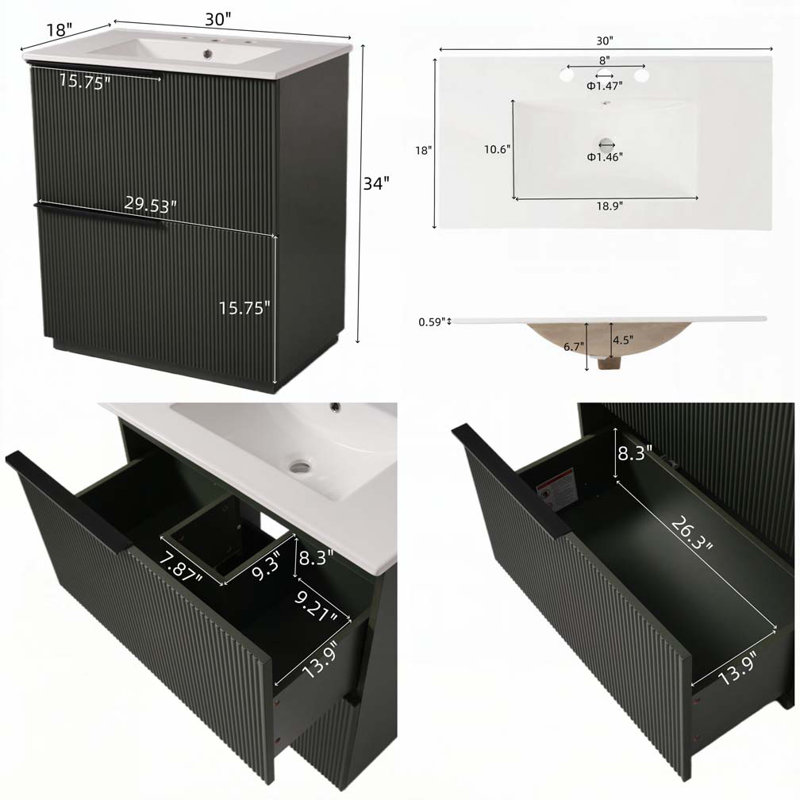 Meuble-lavabo 30 po avec lavabo en céramique et tiroirs pleine extension, Vert