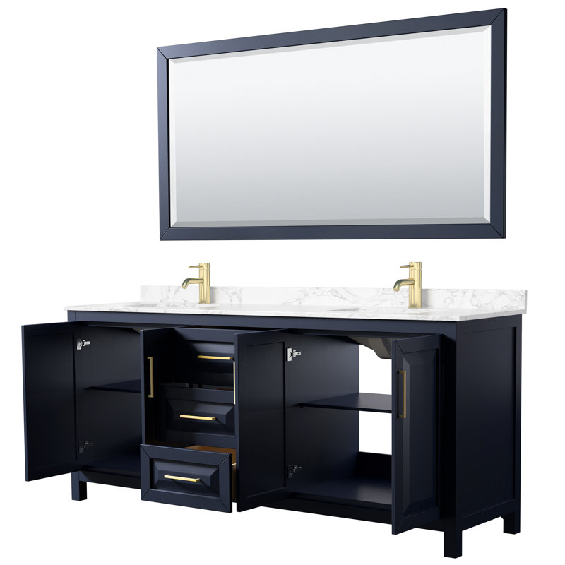 Daria 80'' W Double Vanity, Dark Blue, Carrara Cultured Marble, Brushed Gold