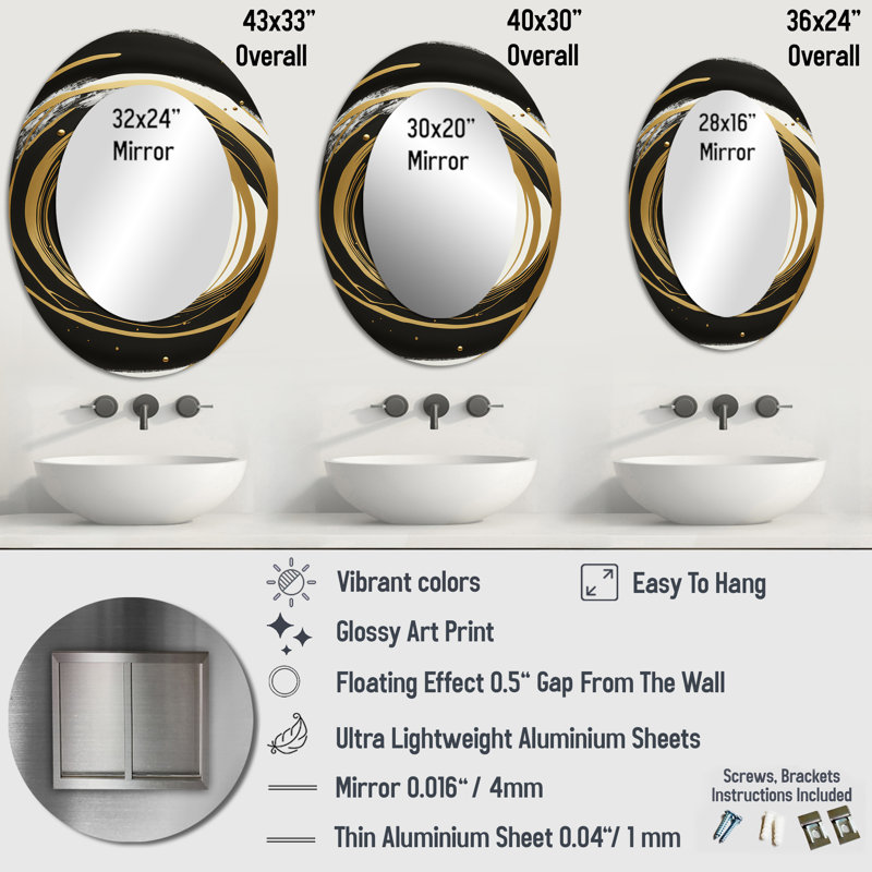 Black, Silver And Gold Blending Swirls III - Black Modern Oval Wall Mirror, 36" x 24"