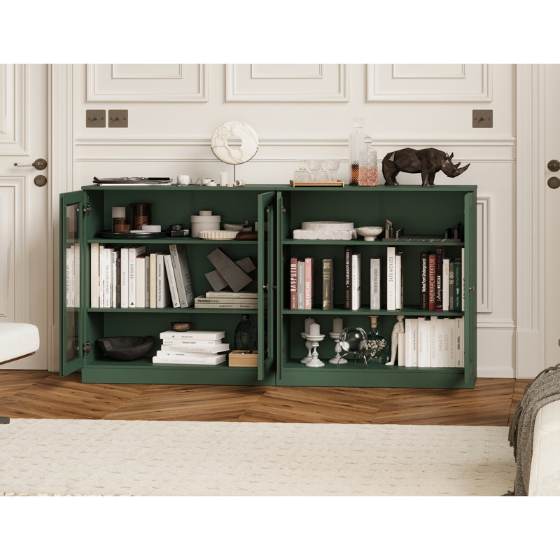 100% Solid Wood 64" Sideboard with Frosted Glass Doors, 4-Drawers, Green
