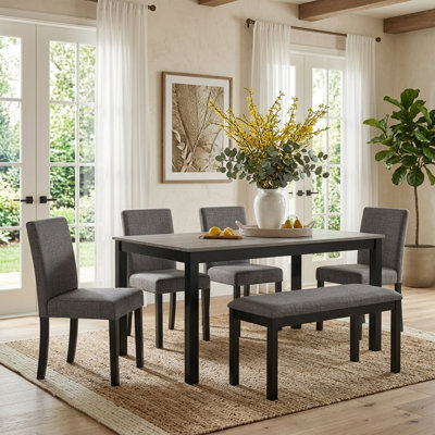 6-Piece Wooden Dining Set for 6, Dining Table with Bench & 4 Chairs for Kitchen & Dining Room