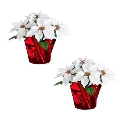 13 po Arrangement de poinsettias artificiels dans un pot à fleurs rouge - ensemble de 2