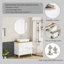Ensemble de lavabo 31,5 pouces, 1 porte et 2 grands tiroirs, système à clous doux, conception sans poignée, plateau et pieds en bois massif naturel, lavabo carré en céramique sur le comptoir, blanc brillant