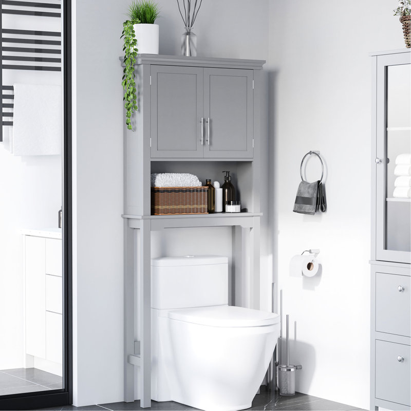 Armoire au-dessus de la toilette en gris, avec tablette réglable et rangement ouvert pour l'organisation de la salle de bain à double porte - fente grise