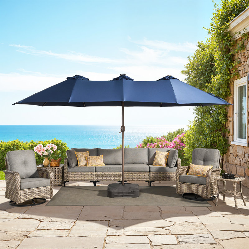 14.5 Ft X 8.5 Ft Rectangular Lighted Market Umbrella With Base, Bleu