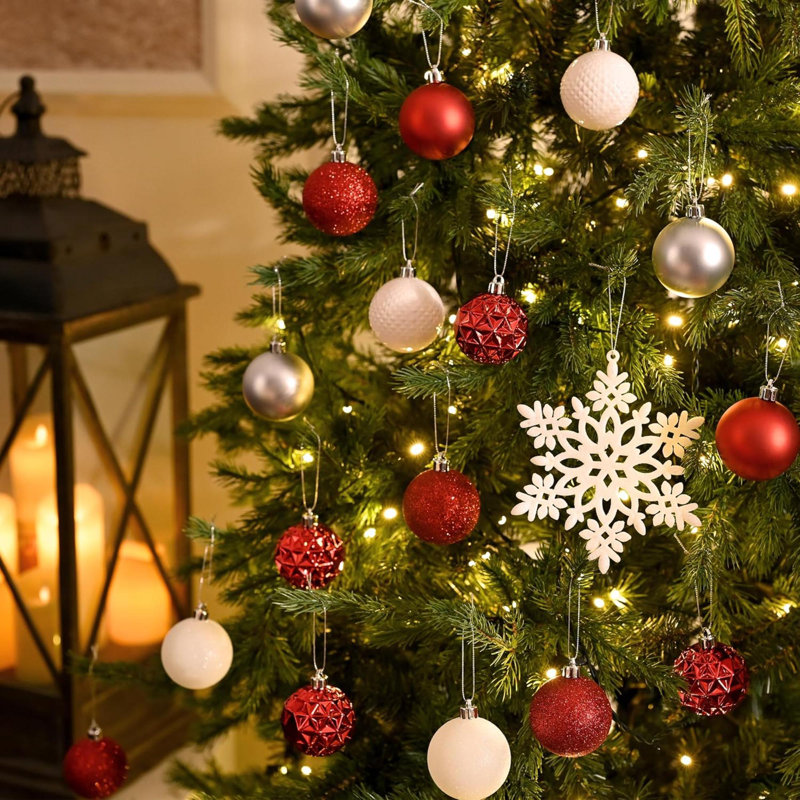 Ensemble d'ornement de décoration de sapin de Noël, 50 carats, 2,36 pouces, Rouge / blanc