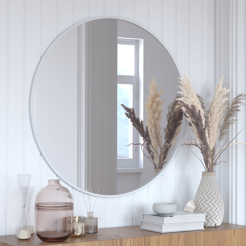 Nafne Wall Mount Shatterproof Round Accent Wall Mirror with Metal Frame, Silver, 36" x 36"