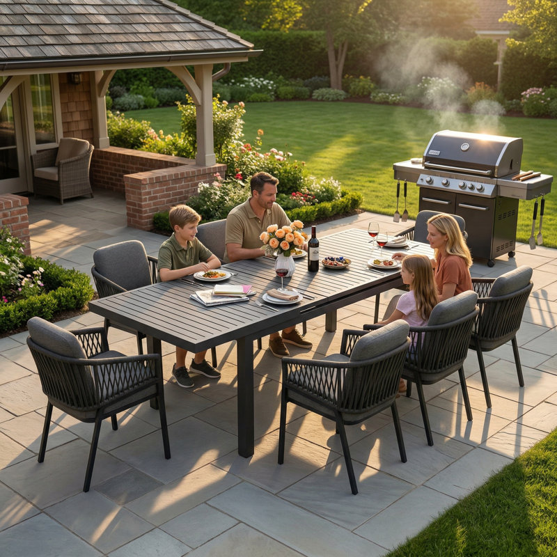 9-piece Modern Outdoor Expandable Dining Set With All-weather Rope Chairs