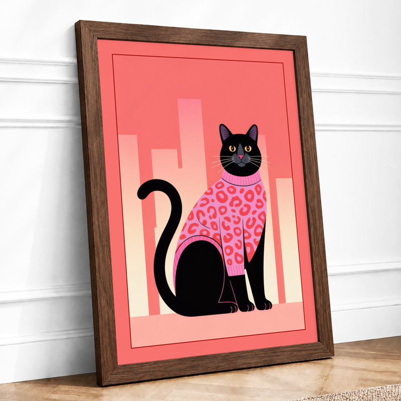 Cat in Geometric Bloom Modern - Framed Print, A3 - 42.0 x 29.7 cm, Walnut