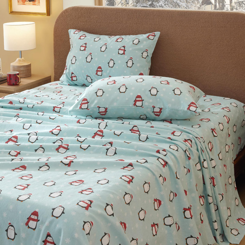 Ensemble de lit en flanelle 100% coton, Ensemble de draps pour grand lit avec 2 taies d'or