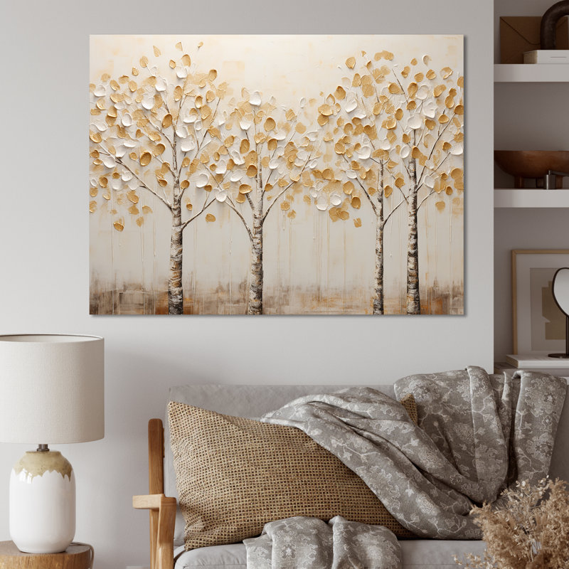 Harmonie d'arbres beiges - art mural arbres, H 24 po x l 32 po x P 1 po, Toile tendue