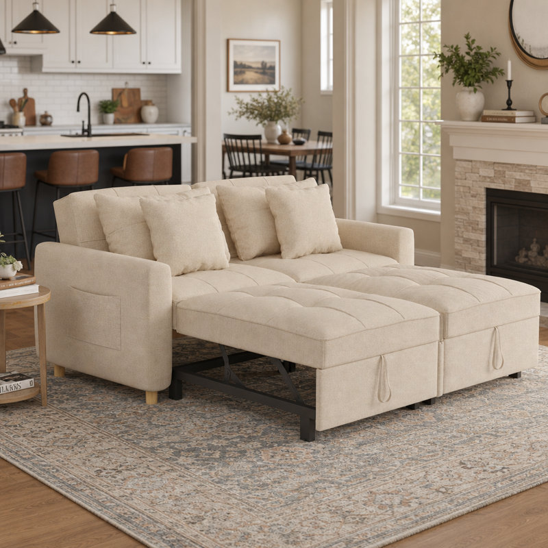 2 Seater Linen Sofa Bed, Beige