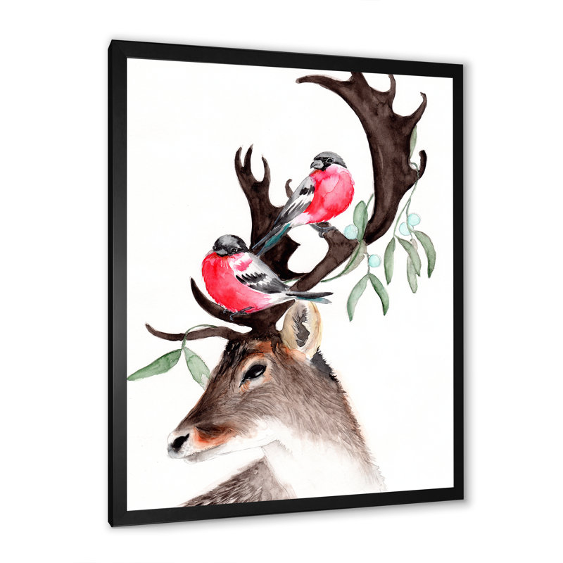 Cerf avec deux bouvreuils rouges - reproduction sur toile, Toile avec cadre de coin noir fermé, H 44 po x l 34 po