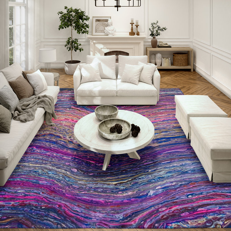 Tapis mauve / bleu abstrait tissé à la machine, Rectangle 10 pi x 14 pi