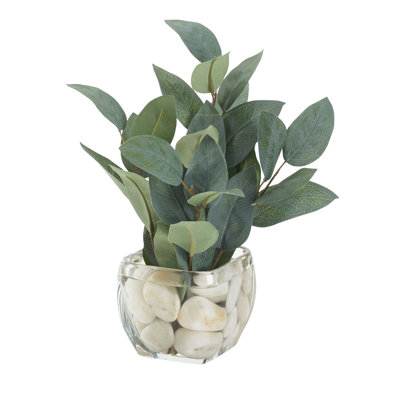12'' Faux Eucalyptus Branch in Glass Decorative Vase