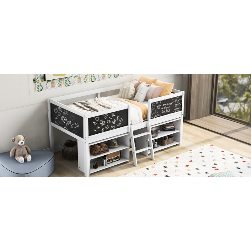 Twin Low Loft Bed With Chalkboard, Movable Shelves And - Bedroom Space Size Decorative & Creative Design, White