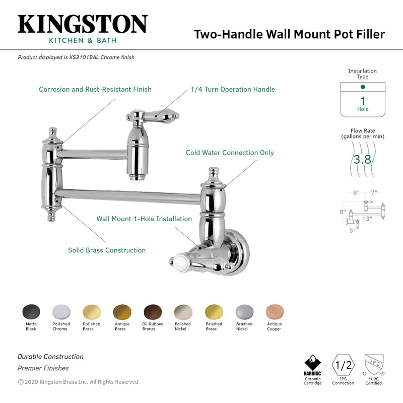 Kingston Brass Heirloom Two-Handle 1-Hole Wall Mount Pot Filler Faucet, Oil Rubbed Bronze