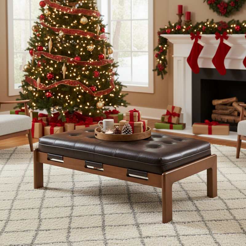 Izaic 48.4" Rectangle Tufted Upholstered Cocktail Ottoman, Walnut/Dark Brown