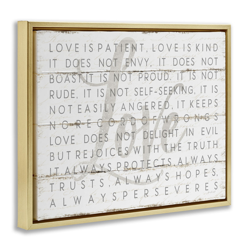 Love Is Patient on White Planked Look, 31" H x 25" W, Metallic Gold Floater Frame
