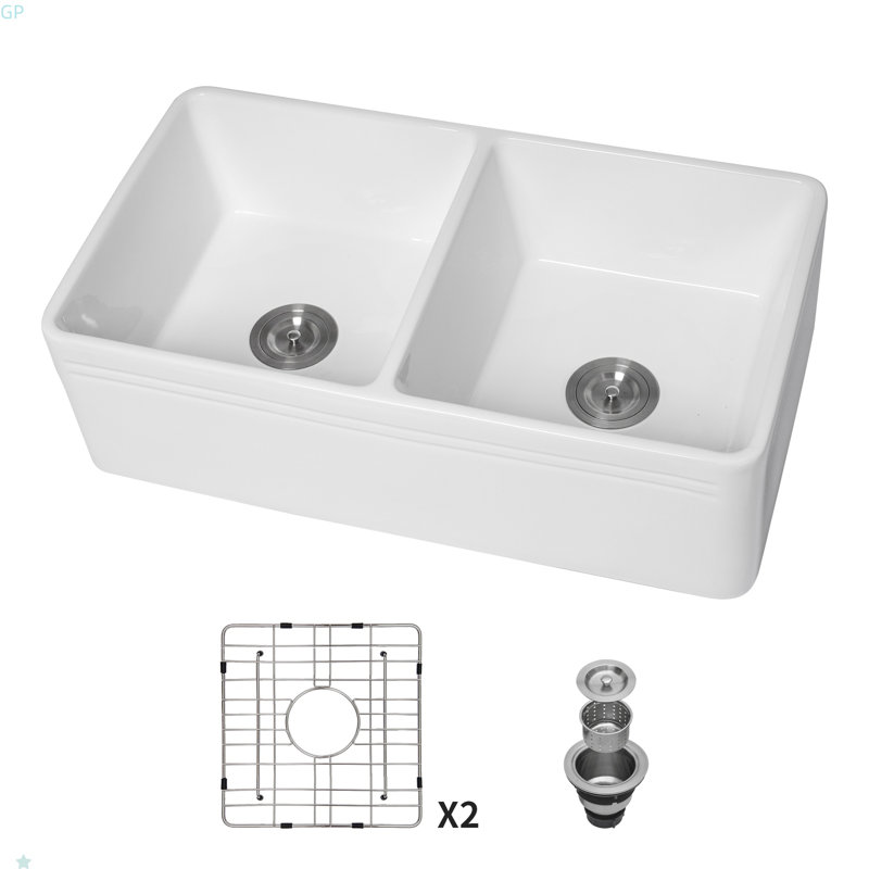 White Farmhouse Sink - 33 Inch Kitchen Sink Apron Front Double Bowl 50/50 White Ceramic Kitchen Farm Sink