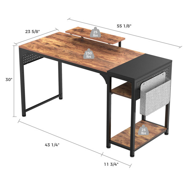 Reversible Writing Desk with Storage Shelves, Monitor Riser & Side Pegboard  Organizers