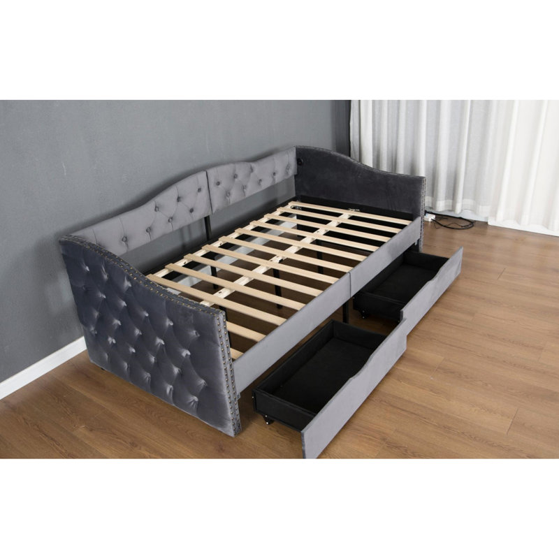 Grey Upholstered Daybed With Drawers - Twin Size, No Box Spring, Crafted From Wood Stylish Arms Size Velvet Upholstery And Storage Frame Stable Slats Elegant Design