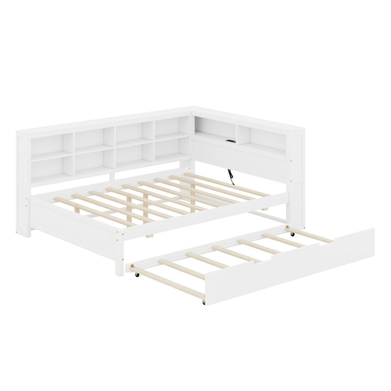 Daybed Including Trundle, Storage Shelf and USB Ports, Multi-Functional Design for Apartments, White