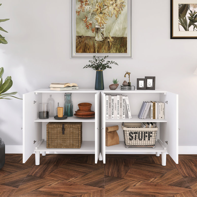 Elegant Four-Door Sideboard With Wavy Pattern Doors, White