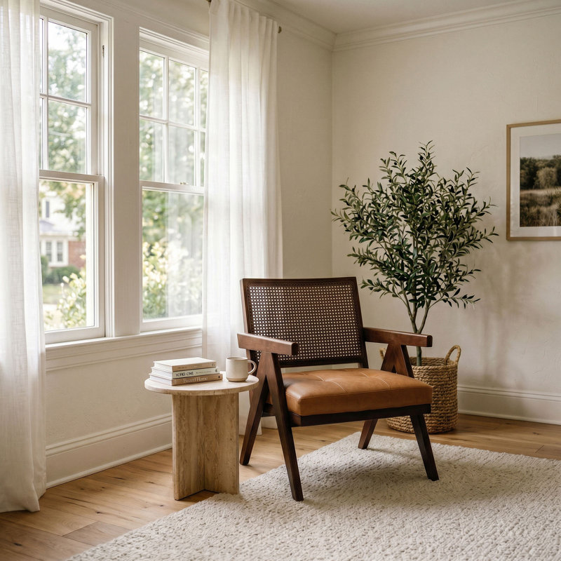 Fauteuil d'appoint en cuir italien véritable avec dossier canne et structure en bois de chêne massif