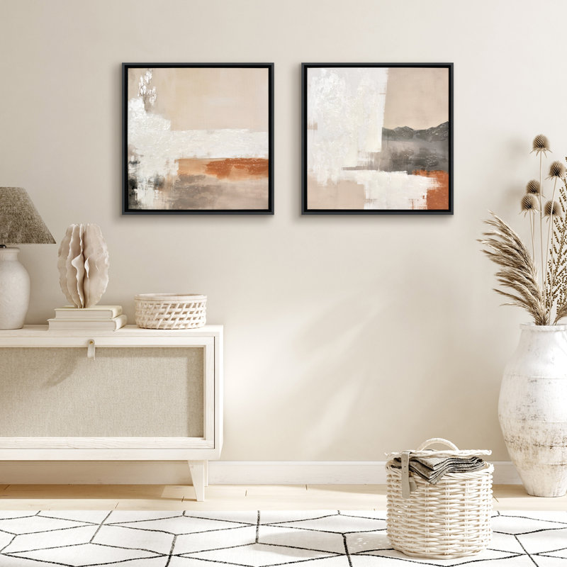 Impression sur toile 20 x 20 avec décorations peintes à la main - ensemble de 2 - beige, brun, gris et blanc - art mural abstrait