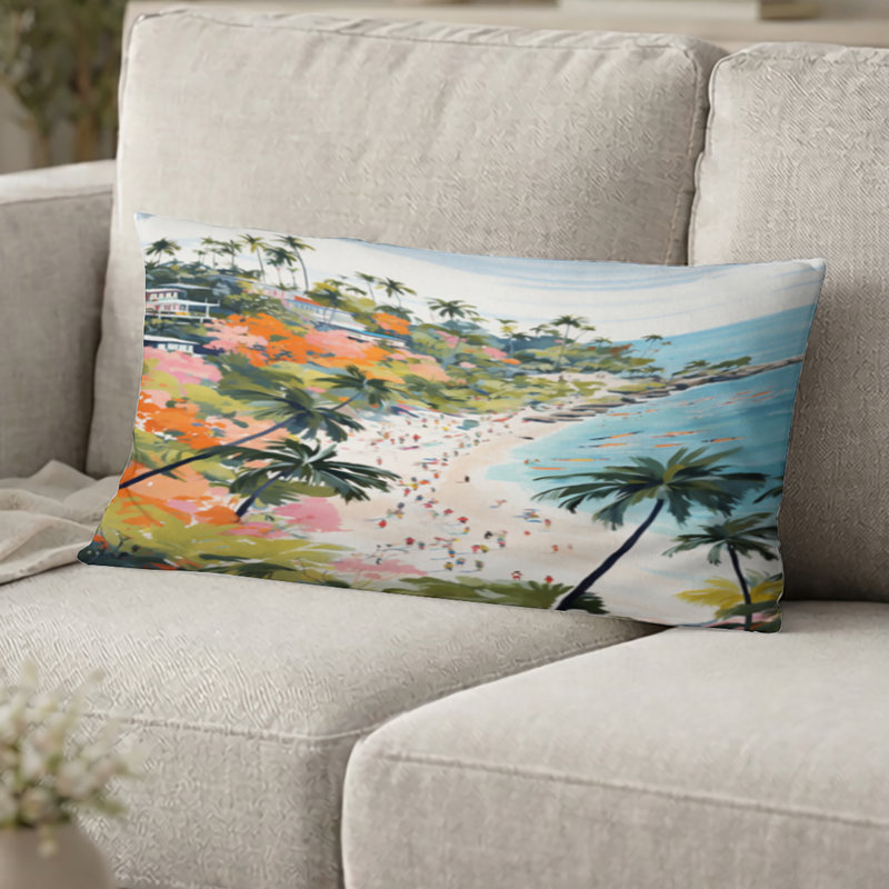 Coussin de plage côtière - Scène de plage côtière paradisiaque aux couleurs pastel III Coussin décoratif imprimé