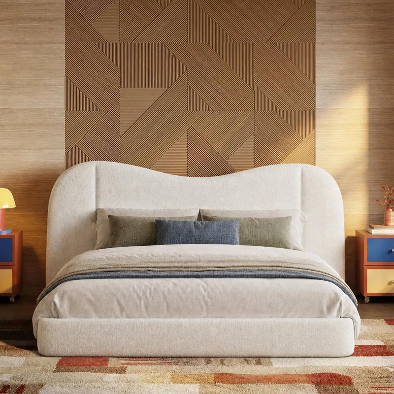 King Size M-Shape Upholstered Bed Frame With Oversized Headboard Off White