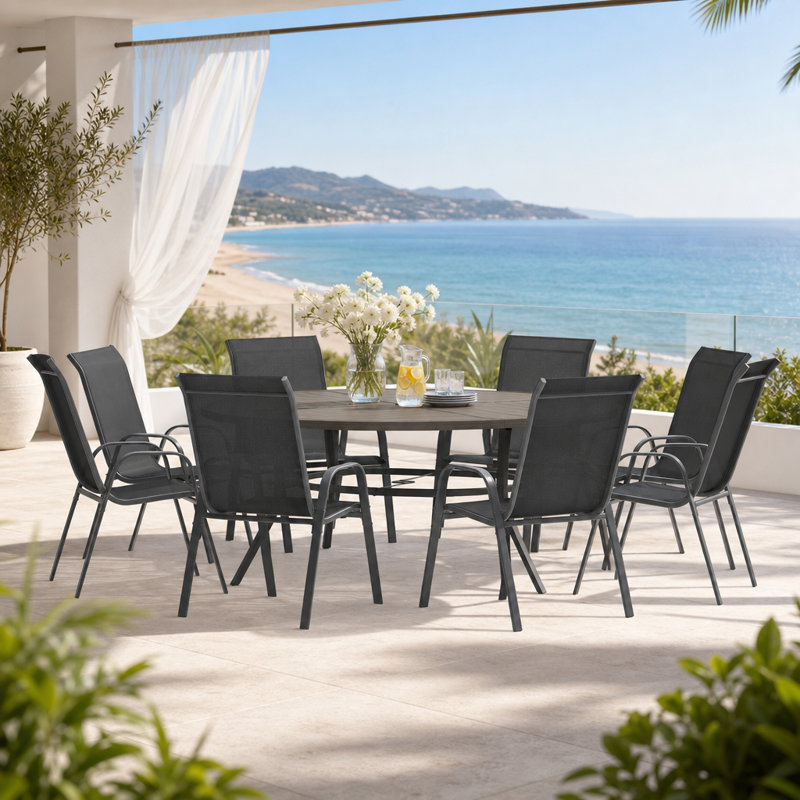 8-Person Round Patio Dining Set With Stackable Textilene Chairs, Brush Wood Gray/Black
