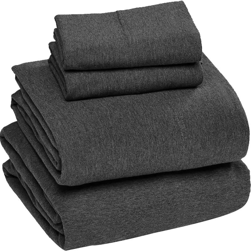 Jersey Knit King Size Sheets 4pc|100% T-Shirt Cotton Breathable Jersey Sheets Set| All Season , Charcoal, Charcoal, King