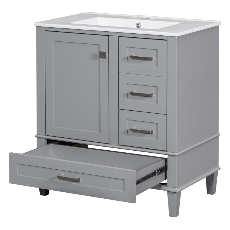 Meuble-lavabo moderne de 30 po avec cadre en bois massif et lavabo, 3 tiroirs et porte à fermeture en douceur pour rangement en céramique, rangement