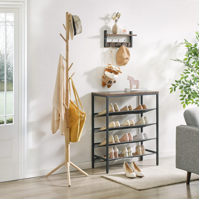 Wooden Adjustable Hall Tree Coat Racks with 8 Hooks, Wood