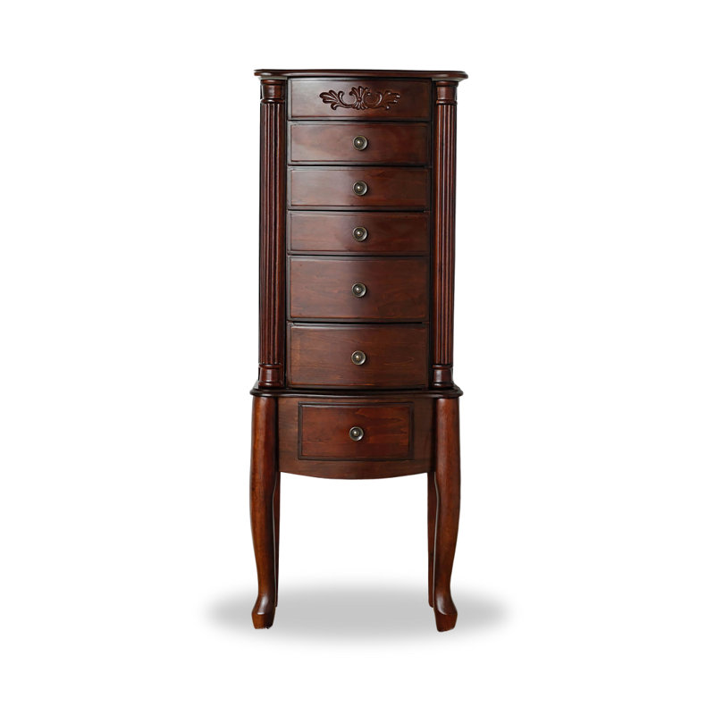 Dark Walnut Traditional Freestanding Jewelry Armoire with Mirror