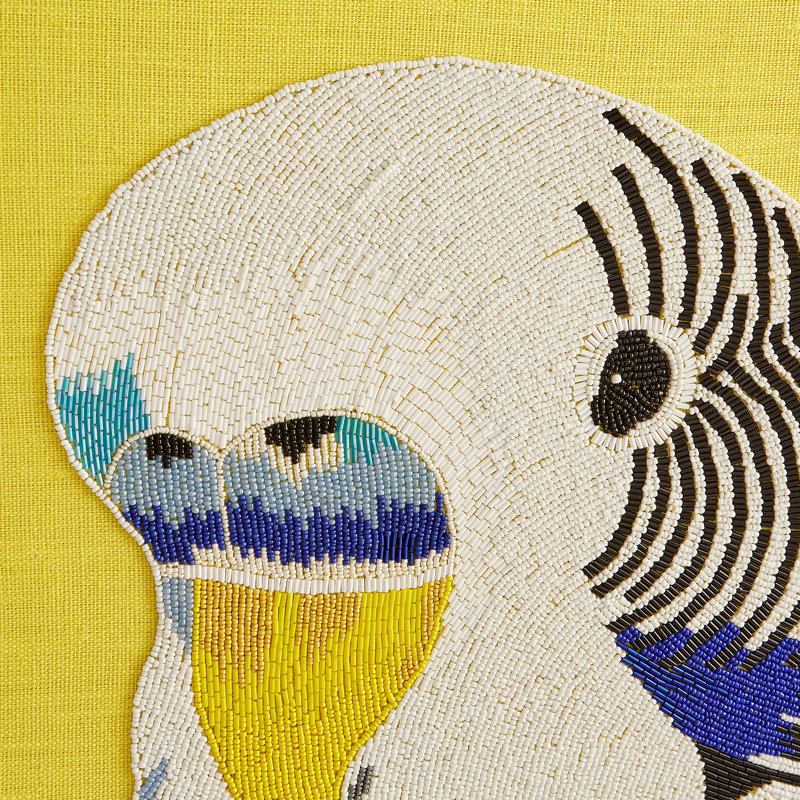 Hand-Beaded Parakeet Wall Art on Yellow Linen Background