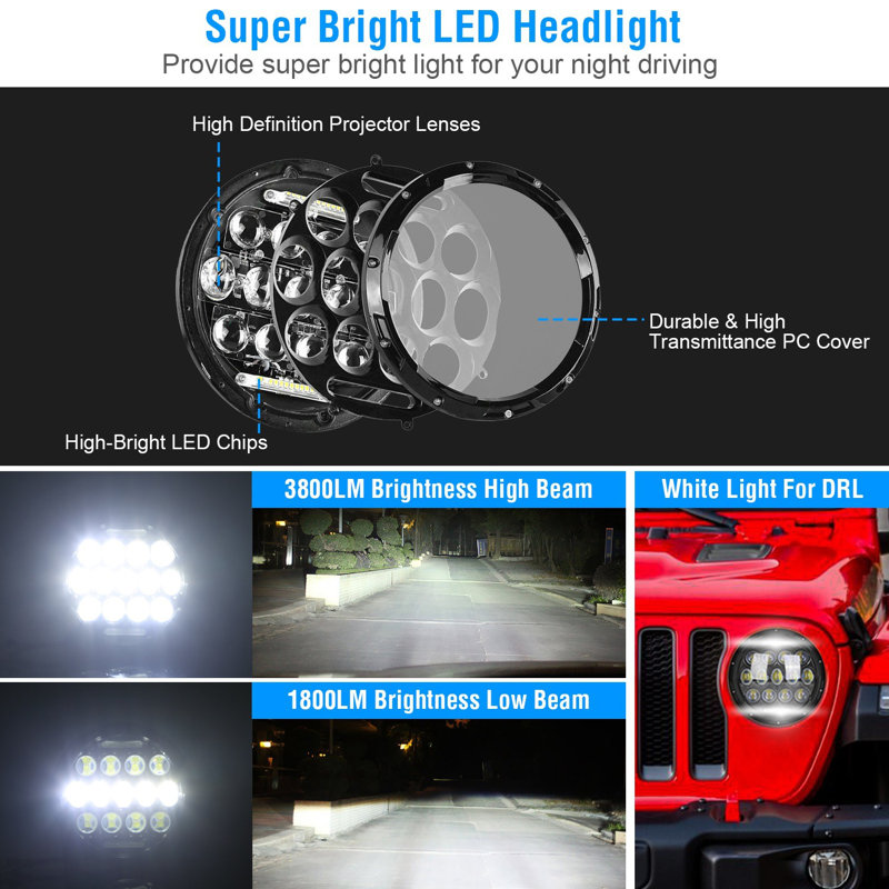 2Pcs 7In Round LED Headlights - Black, 75W, 3800LM - Halo Car Headlamps, Plug and Play