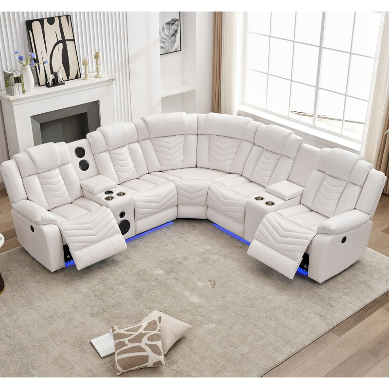 Keeshan 3 - Piece Faux Leather Power Reclining Sectional With Speaker and LED, White Faux Leather