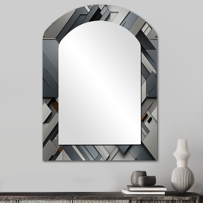 Ridgedale gris béton symétrique géométrique - miroir mural décoratif asymétrique géométrique, miroir arche moderne, impression d'art en métal
