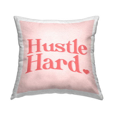 Hustle Hard Peach Coral Typography Heart Outdoor Printed Pillow by Daphne Polselli