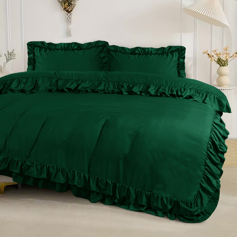 DUVET FRILL Microfiber Solid Colour Duvet Cover with Pillowcases Included, Double Duvet Cover + 2 Standard Pillowcases, Green