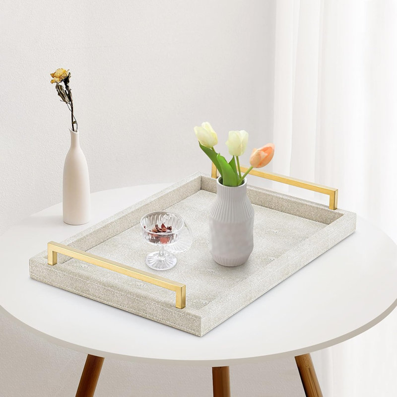 Plateau rectangulaire Shagreen, plateau de service en similicuir avec poignées dorées