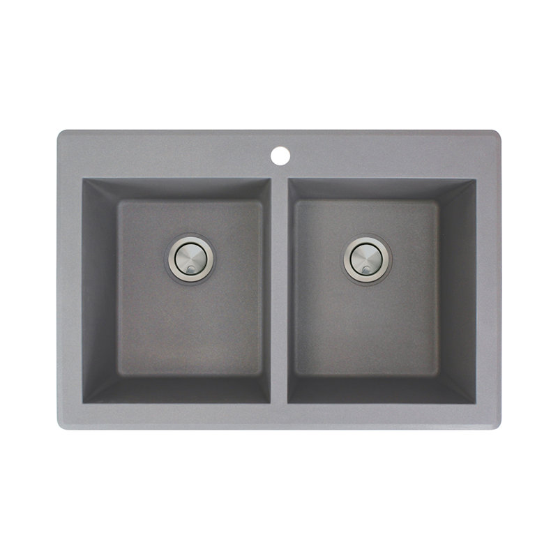 Radius 33.0625'' L Double Bowl Granite Kitchen Sink, Grey, 1 hole