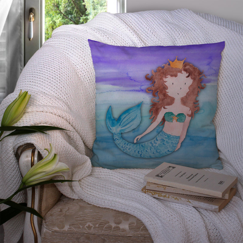 Coussin décoratif intérieur/extérieur aquarelle brunette sirène, 14 po x 14 po