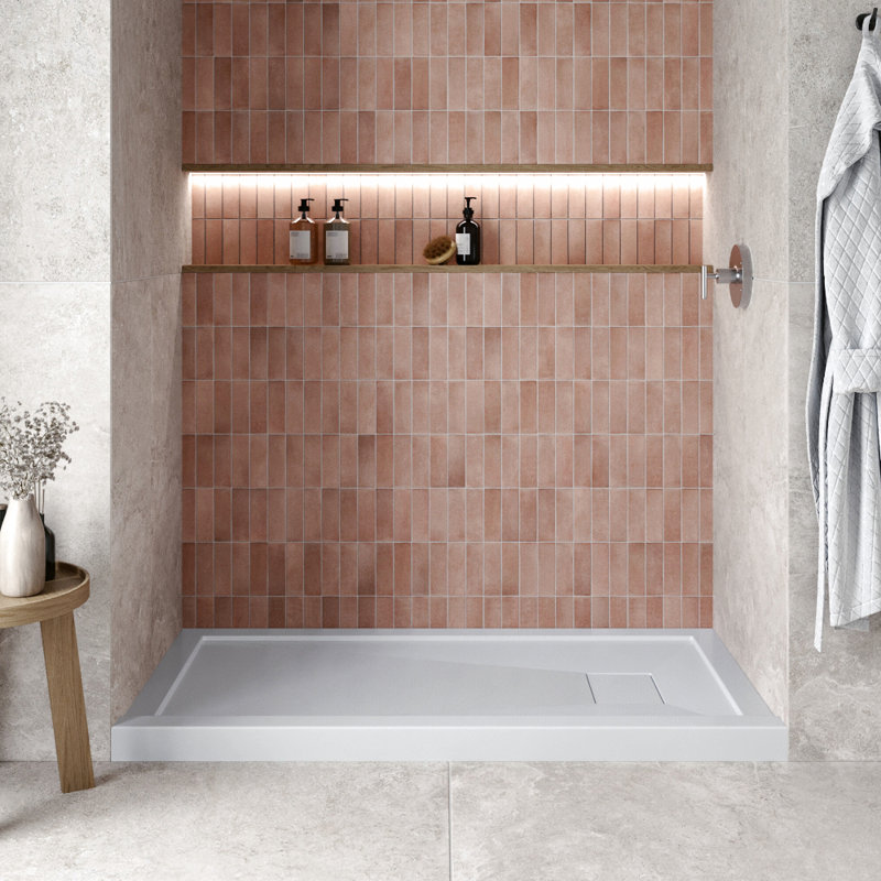 Base de douche 48 po x 32 po en alcôve en acrylique blanc brillant avec bonde droite, bonde incluse, Blanc lustré